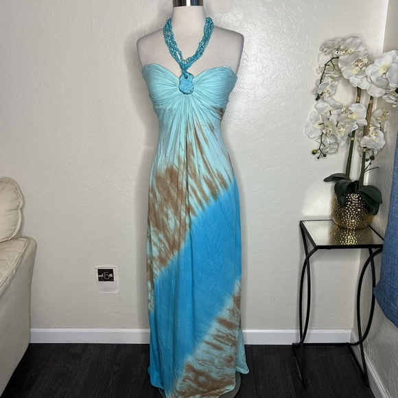 Sky Collection blue tie dye halter maxi Dress w/Turquoise Beading S - Picture 1 of 12